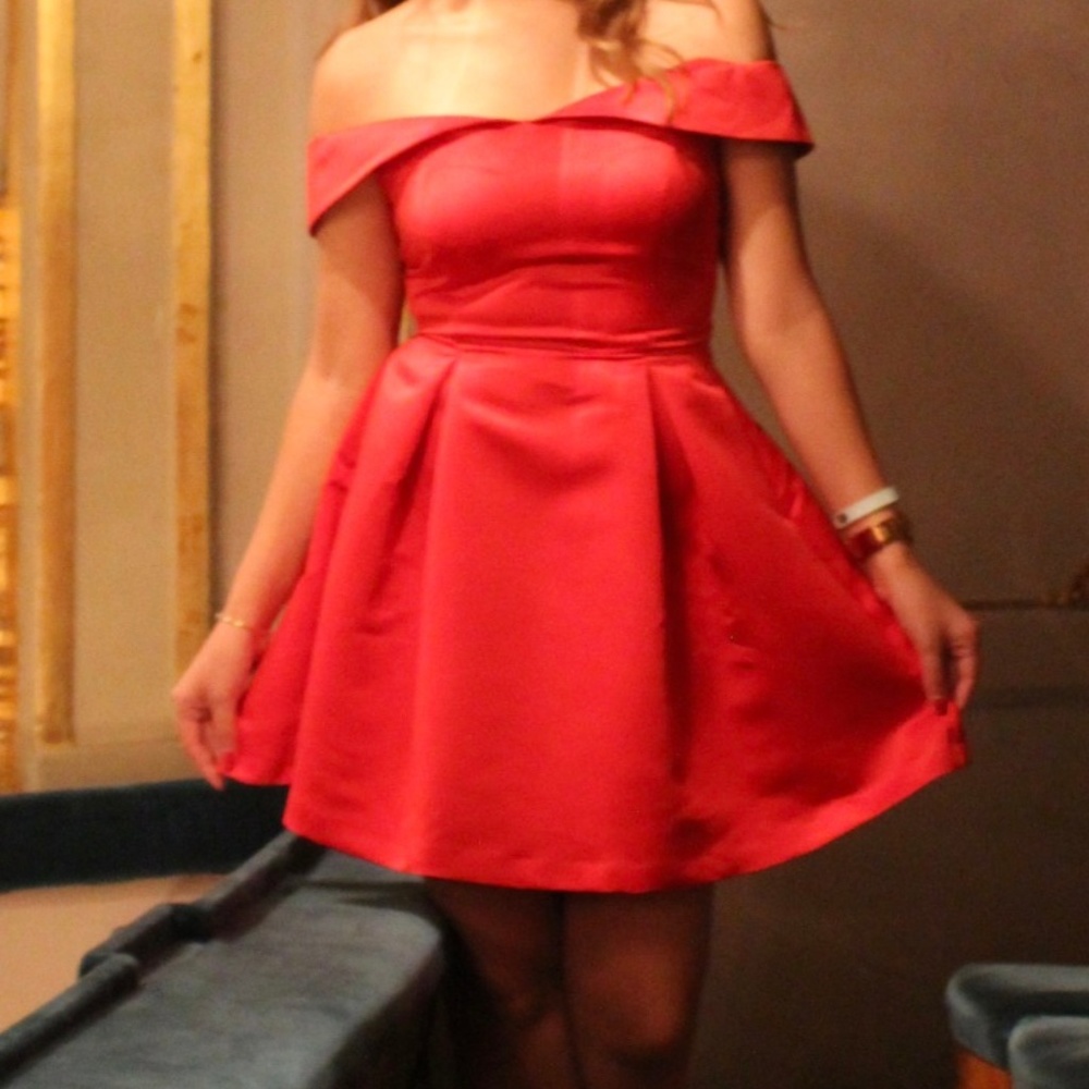 Zara Red Satin Off Shoulder Cocktail Dress